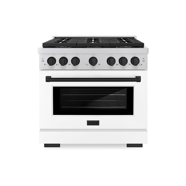 ZLINE Autograph Edition 36 in. 5.2 cu. ft. Paramount Gas Range with 6 Burner DuoPro™ Cooktop and Convection Gas Oven with White Matte Door and Matte Black Accents, Open Box-Great Condition
