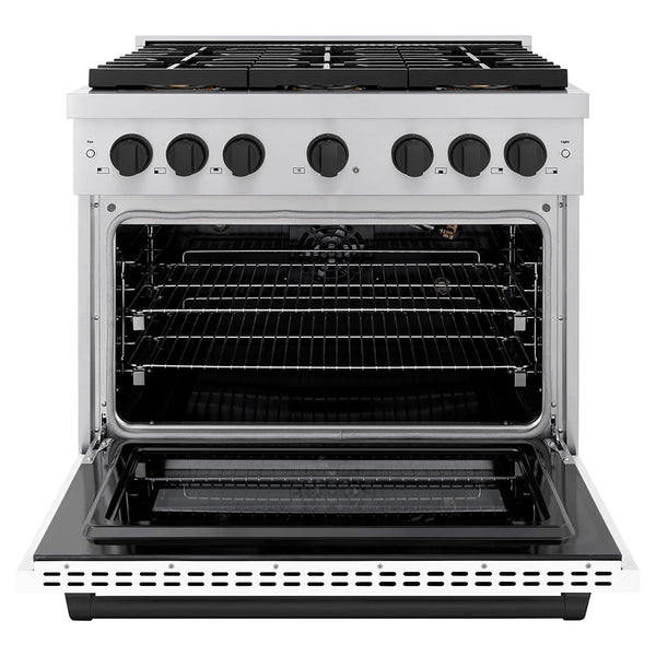 ZLINE Autograph Edition 36 in. 5.2 cu. ft. Paramount Gas Range with 6 Burner DuoPro™ Cooktop and Convection Gas Oven with White Matte Door and Matte Black Accents (PSGRZ-WM-36-MB)