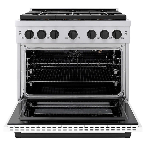 ZLINE Autograph Edition 36 in. 5.2 cu. ft. Paramount Gas Range with 6 Burner DuoPro™ Cooktop and Convection Gas Oven with White Matte Door and Matte Black Accents, Open Box-Good Condition
