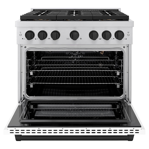 ZLINE Autograph Edition 36 in. 5.2 cu. ft. Paramount Gas Range with 6 Burner DuoPro™ Cooktop and Convection Gas Oven with White Matte Door and Matte Black Accents, Open Box-Great Condition