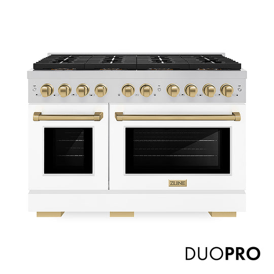 ZLINE Autograph Edition 48 in. 6.7 cu. ft. Paramount Gas Range with 8 Burner DuoPro™ Cooktop and Dual Ovens with White Matte Doors and Champagne Bronze Accents (PSGRZ-WM-48-CB)