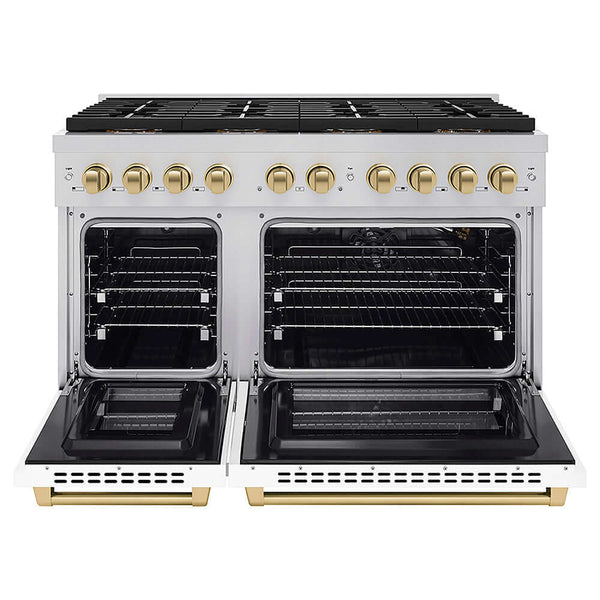 ZLINE Autograph Edition 48 in. 6.7 cu. ft. Paramount Gas Range with 8 Burner DuoPro™ Cooktop and Dual Ovens with White Matte Doors and Champagne Bronze Accents, Open Box-Good Condition