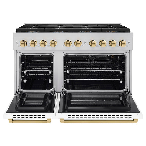 ZLINE Autograph Edition 48 in. 6.7 cu. ft. Paramount Gas Range with 8 Burner DuoPro™ Cooktop and Dual Ovens with White Matte Doors and Polished Gold Accents (PSGRZ-WM-48-G)