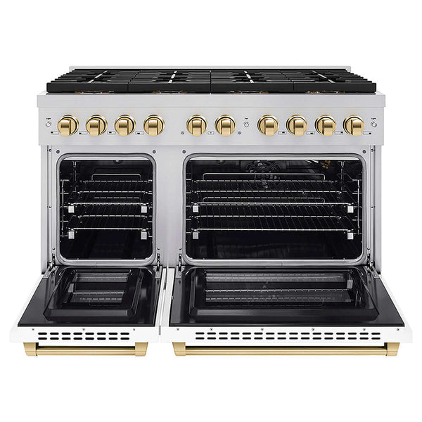ZLINE Autograph Edition 48 in. 6.7 cu. ft. Paramount Gas Range with 8 Burner DuoPro™ Cooktop and Dual Ovens with White Matte Doors and Polished Gold Accents, Open Box-Good Condition