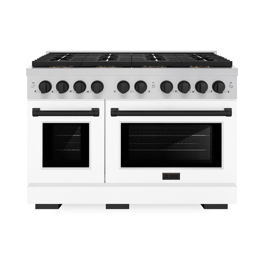 ZLINE Autograph Edition 48 in. 6.7 cu. ft. Paramount Gas Range with 8 Burner DuoPro™ Cooktop and Dual Ovens with White Matte Doors and Matte Black Accents (PSGRZ-WM-48-MB)