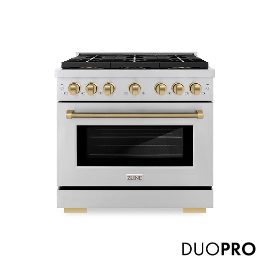 ZLINE Autograph Edition 36 in. 5.2 cu. ft. Paramount Gas Range with 6 Burner DuoPro™ Cooktop and Convection Gas Oven in Stainless Steel with Champagne Bronze Helix Handle and Accents (PSGRZ-36-KCB)
