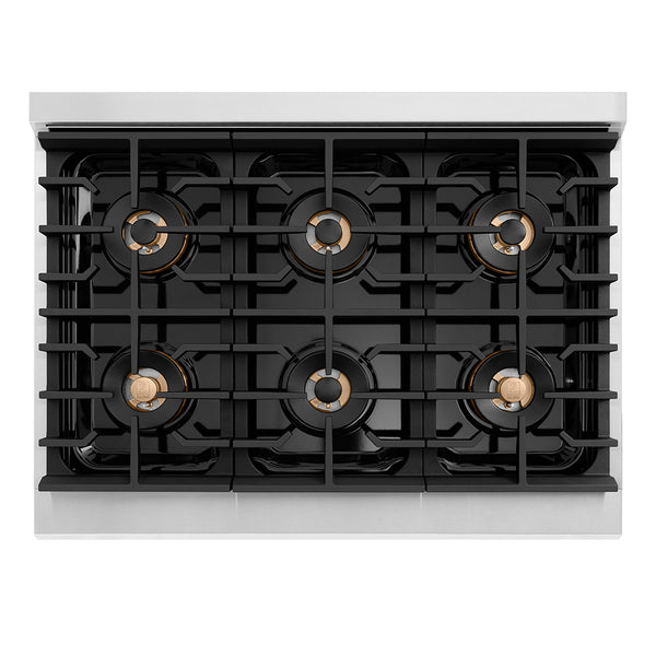 ZLINE Autograph Edition 36 in. 5.2 cu. ft. Paramount Gas Range with 6 Burner DuoPro™ Cooktop and Convection Gas Oven in Stainless Steel with Polished Gold Helix Handle and Accents (PSGRZ-36-KG)