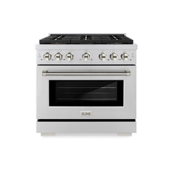 ZLINE Autograph Edition 36 in. 5.2 cu. ft. Paramount Gas Range with 6 Burner DuoPro™ Cooktop and Convection Gas Oven in Stainless Steel with Polished Nickel Helix Handle and Accents (PSGRZ-36-KPN)