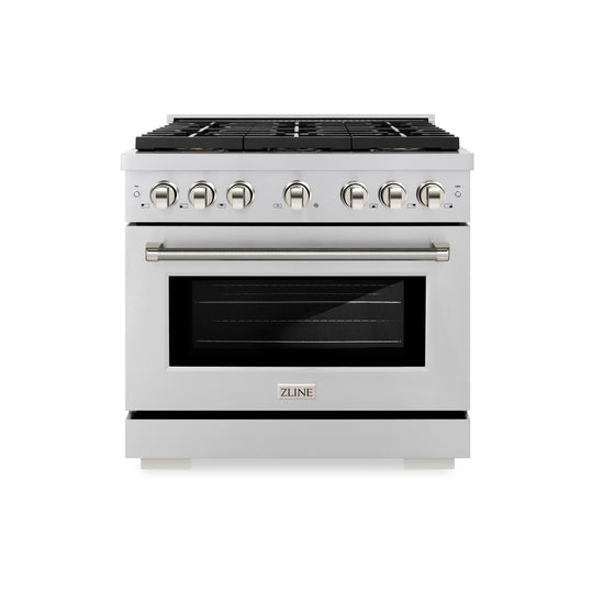 ZLINE Autograph Edition 36 in. 5.2 cu. ft. Paramount Gas Range with 6 Burner DuoPro™ Cooktop and Convection Gas Oven in Stainless Steel with Polished Nickel Helix Handle and Accents (PSGRZ-36-KPN)