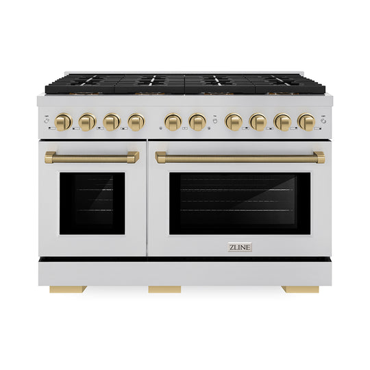 ZLINE Autograph Edition 48 in. 6.7 cu. ft. Paramount Gas Range with 8 Burner DuoPro™ Cooktop and Dual Ovens in Stainless Steel with Champagne Bronze Helix Handles and Accents (PSGRZ-48-KCB)