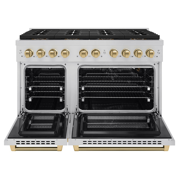 ZLINE Autograph Edition 48 in. 6.7 cu. ft. Paramount Gas Range with 8 Burner DuoPro™ Cooktop and Dual Ovens in Stainless Steel with Champagne Bronze Helix Handles and Accents (PSGRZ-48-KCB)