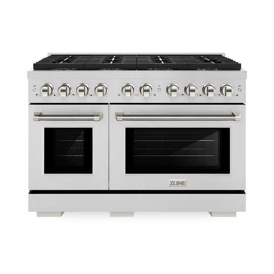 ZLINE Autograph Edition 48 in. 6.7 cu. ft. Paramount Gas Range with 8 Burner DuoPro™ Cooktop and Dual Ovens in Stainless Steel with Polished Nickel Helix Handles and Accents (PSGRZ-48-KPN)