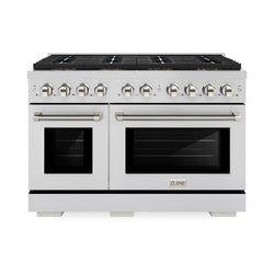 ZLINE Autograph Edition 48 in. 6.7 cu. ft. Paramount Gas Range with 8 Burner DuoPro™ Cooktop and Dual Ovens in Stainless Steel with Polished Gold Helix Handles and Accents (PSGRZ-48-KG)