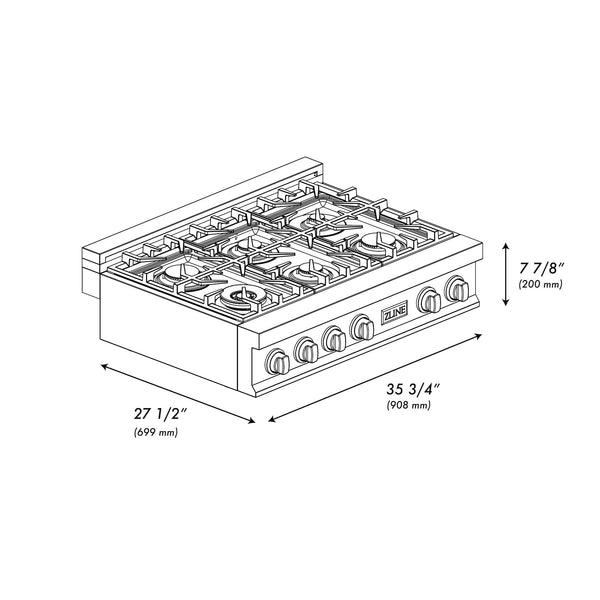 ZLINE 36" Porcelain Gas Stovetop with 6 Gas Burners (RT36)
