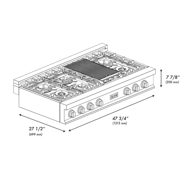 ZLINE 48 in. Porcelain Gas Stovetop with 7 Gas Burners and Griddle (RT48)