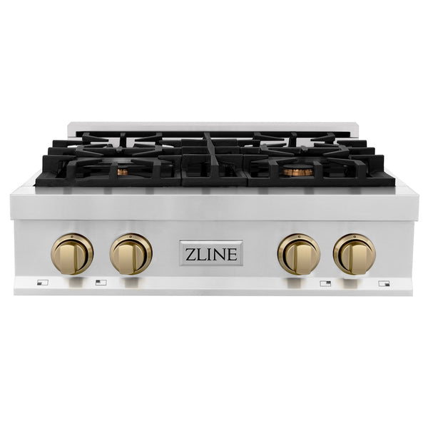 ZLINE Autograph Edition 30 in. Legacy Gas Rangetop with 4 Burners and Porcelain Cooktop in Stainless Steel with Champagne Bronze Accents, Open Box-Great Condition