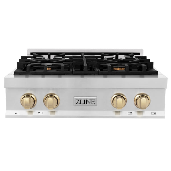 ZLINE Autograph Edition 30 in. Legacy Gas Rangetop with 4 Burners and Porcelain Cooktop in Stainless Steel with Polished Gold Accents, Open Box-Great Condition