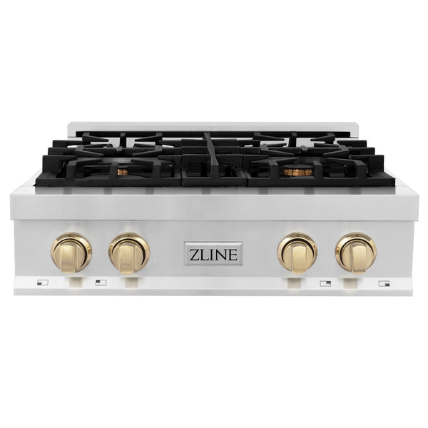 ZLINE Autograph Edition 30 in. Legacy Gas Rangetop with 4 Burners and Porcelain Cooktop in Stainless Steel with Polished Gold Accents, Open Box-Good Condition
