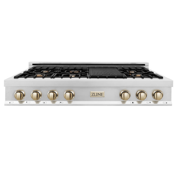 ZLINE Autograph Edition 48 in. Legacy Gas Rangetop with 7 Burners and Porcelain Cooktop in Stainless Steel with Polished Gold Accents (RTZ-48-G)