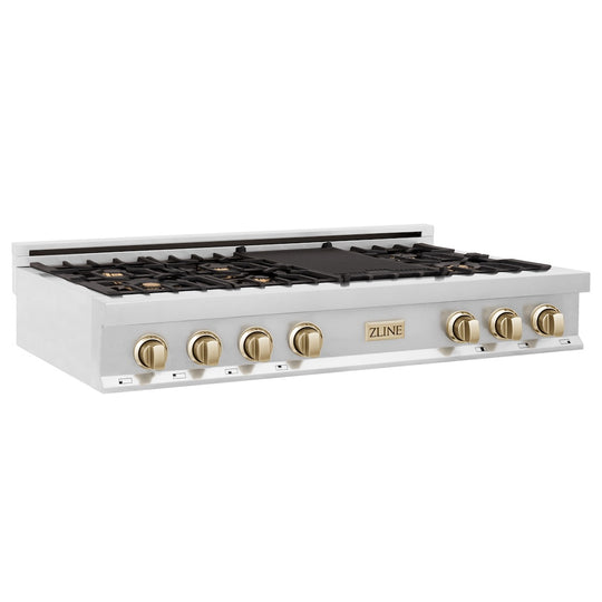 ZLINE Autograph Edition 48 in. Legacy Gas Rangetop with 7 Burners and Porcelain Cooktop in Stainless Steel with Polished Gold Accents (RTZ-48-G)