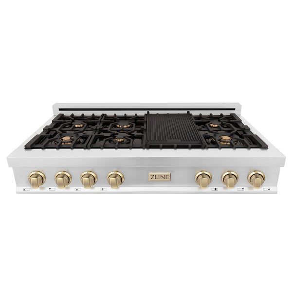 ZLINE Autograph Edition 48 in. Legacy Gas Rangetop with 7 Burners and Porcelain Cooktop in Stainless Steel with Polished Gold Accents (RTZ-48-G)