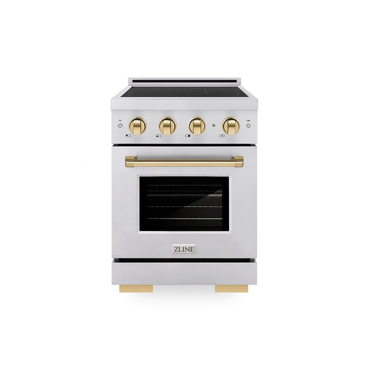 ZLINE Autograph Edition 24 in. 3.2 cu. ft. Paramount Induction Range with 3 Element Cooktop and Electric Convection Oven in Stainless Steel with Polished Gold Accents, Open Box-Great Condition