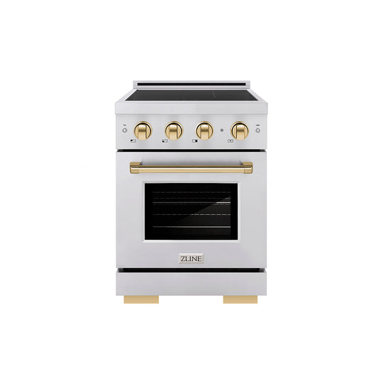 ZLINE Autograph Edition 24 in. 3.2 cu. ft. Paramount Induction Range with 3 Element Cooktop and Electric Convection Oven in Stainless Steel with Polished Gold Accents (SINRZ-24-G)