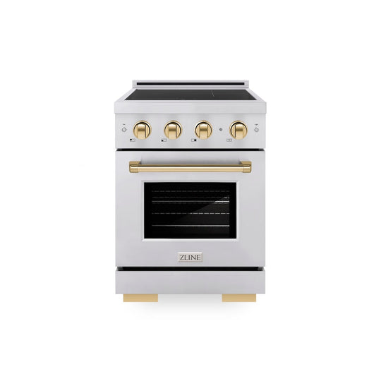 ZLINE Autograph Edition 24 in. 3.2 cu. ft. Paramount Induction Range with 3 Element Cooktop and Electric Convection Oven in Stainless Steel with Polished Gold Accents, Open Box-Good Condition