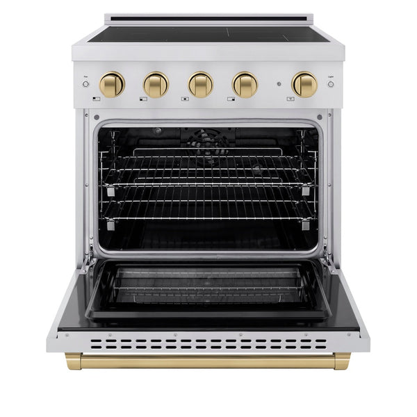 ZLINE Autograph Edition 30 in. 4.2 cu. ft. Paramount Induction Range with 4 Element Cooktop and Electric Convection Oven in Stainless Steel with Champagne Bronze Accents, Open Box-Good Condition