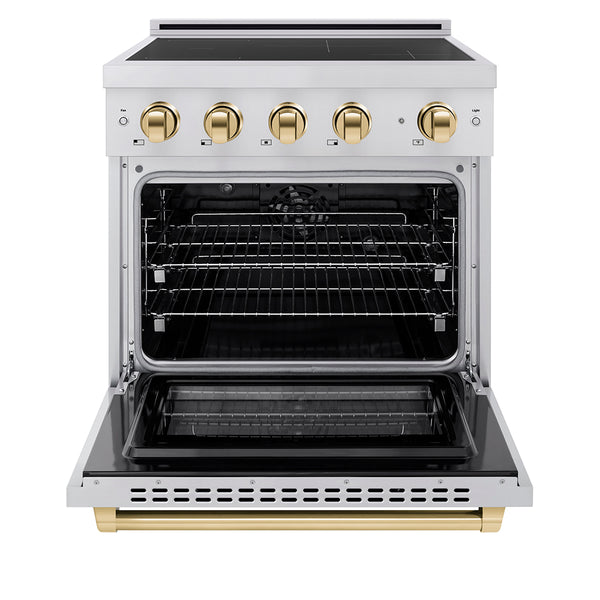 ZLINE Autograph Edition 30 in. 4.2 cu. ft. Paramount Induction Range with 4 Element Cooktop and Electric Convection Oven in Stainless Steel with Polished Gold Accents (SINRZ-30-G)