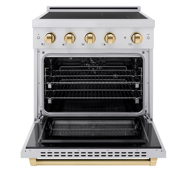 ZLINE Autograph Edition 30 in. 4.2 cu. ft. Paramount Induction Range with 4 Element Cooktop and Electric Convection Oven in Stainless Steel with Polished Gold Accents, Open Box-Good Condition