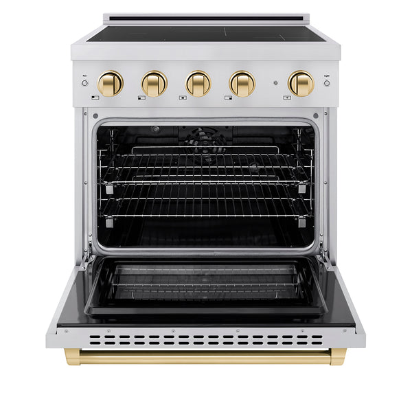 ZLINE Autograph Edition 30 in. 4.2 cu. ft. Paramount Induction Range with 4 Element Cooktop and Electric Convection Oven in Stainless Steel with Polished Gold Accents, Open Box-Great Condition