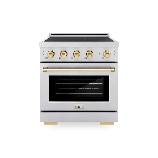 ZLINE Autograph Edition 30 in. 4.2 cu. ft. Paramount Induction Range with 4 Element Cooktop and Electric Convection Oven in Stainless Steel with Polished Gold Accents, Open Box-Great Condition