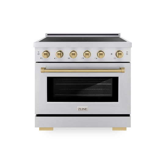 ZLINE Autograph Edition 36 in. 5.2 cu. ft. Paramount Induction Range with 5 Element Cooktop and Electric Convection Oven in Stainless Steel with Champagne Bronze Accents, Open Box-Great Condition