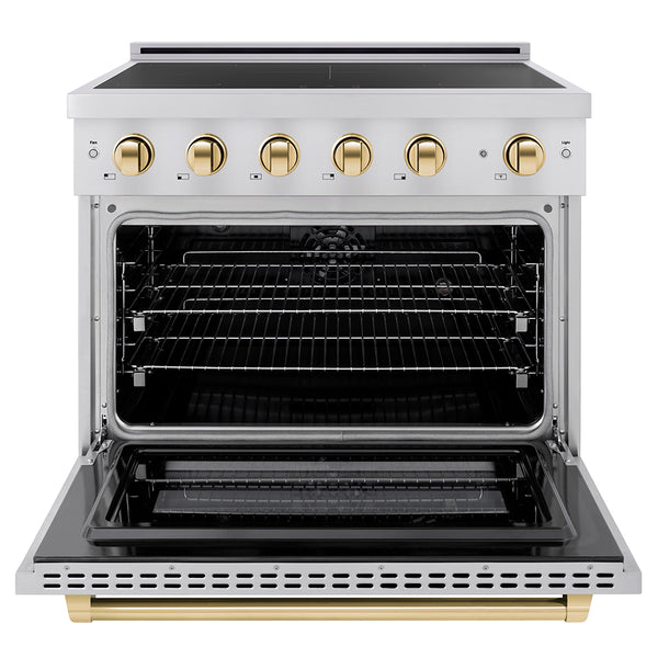 ZLINE Autograph Edition 36 in. 5.2 cu. ft. Paramount Induction Range with 5 Element Cooktop and Electric Convection Oven in Stainless Steel with Polished Gold Accents, Open Box-Great Condition