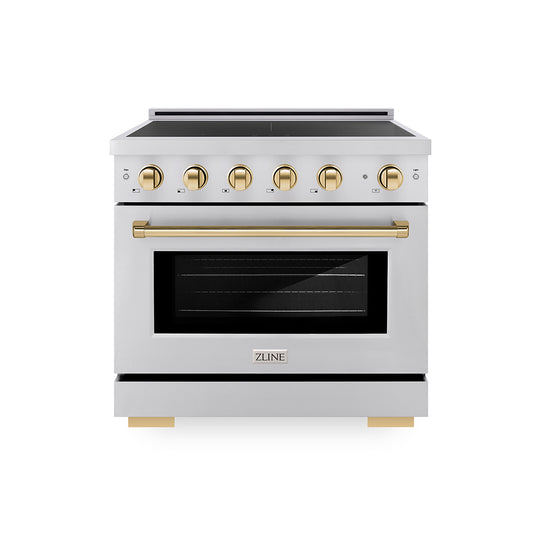 ZLINE Autograph Edition 36 in. 5.2 cu. ft. Paramount Induction Range with 5 Element Cooktop and Electric Convection Oven in Stainless Steel with Polished Gold Accents, Open Box-Great Condition