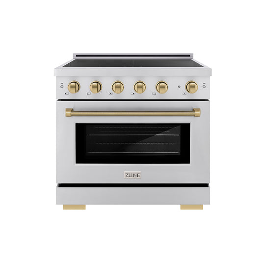 ZLINE Autograph Edition 36 in. 5.2 cu. ft. Paramount Induction Range with 5 Element Cooktop and Electric Convection Oven in Stainless Steel with Champagne Bronze Helix Handle and Knob Accents (SINRZ-36-KCB)