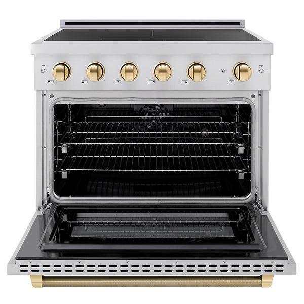 ZLINE Autograph Edition 36 in. 5.2 cu. ft. Paramount Induction Range with 5 Element Cooktop and Electric Convection Oven in Stainless Steel with Polished Gold Helix Handle and Knob Accents (SINRZ-36-KG)