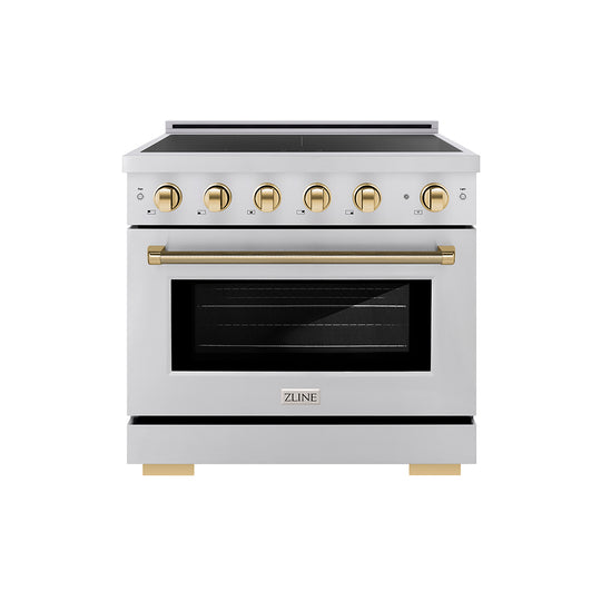 ZLINE Autograph Edition 36 in. 5.2 cu. ft. Paramount Induction Range with 5 Element Cooktop and Electric Convection Oven in Stainless Steel with Polished Gold Helix Handle and Knob Accents (SINRZ-36-KG)