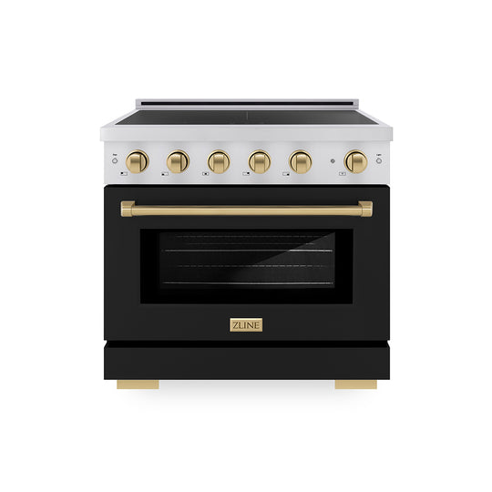 ZLINE Autograph Edition 36 in. 5.2 cu. ft. Paramount Induction Range with 5 Element Cooktop and Electric Convection Oven in Stainless Steel with Black Matte Door and Champagne Bronze Accents, Open Box-Great Condition