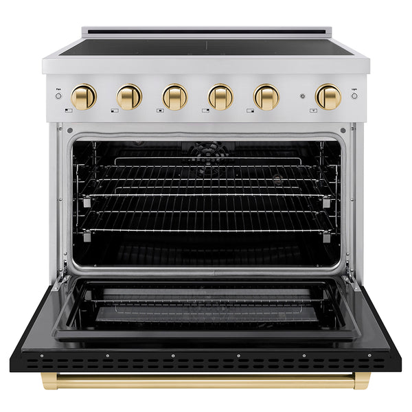 ZLINE Autograph Edition 36 in. 5.2 cu. ft. Paramount Induction Range with 5 Element Cooktop and Electric Convection Oven in Stainless Steel with Black Matte Door and Polished Gold Accents, Open Box-Great Condition