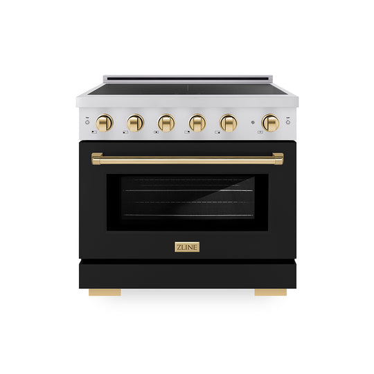ZLINE Autograph Edition 36 in. 5.2 cu. ft. Paramount Induction Range with 5 Element Cooktop and Electric Convection Oven in Stainless Steel with Black Matte Door and Polished Gold Accents, Open Box-Great Condition