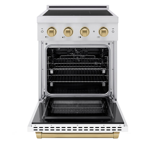 ZLINE Autograph Edition 24 in. 3.2 cu. ft. Paramount Induction Range with 3 Element Cooktop and Electric Convection Oven in Stainless Steel with White Matte Door and Champagne Bronze Accents, Open Box-Great Condition