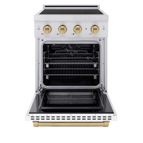 ZLINE Autograph Edition 24 in. 3.2 cu. ft. Paramount Induction Range with 3 Element Cooktop and Electric Convection Oven in Stainless Steel with White Matte Door and Champagne Bronze Accents, Open Box-Good Condition
