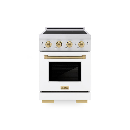 ZLINE Autograph Edition 24 in. 3.2 cu. ft. Paramount Induction Range with 3 Element Cooktop and Electric Convection Oven in Stainless Steel with White Matte Door and Champagne Bronze Accents, Open Box-Great Condition