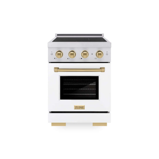 ZLINE Autograph Edition 24 in. 3.2 cu. ft. Paramount Induction Range with 3 Element Cooktop and Electric Convection Oven in Stainless Steel with White Matte Door and Champagne Bronze Accents, Open Box-Good Condition