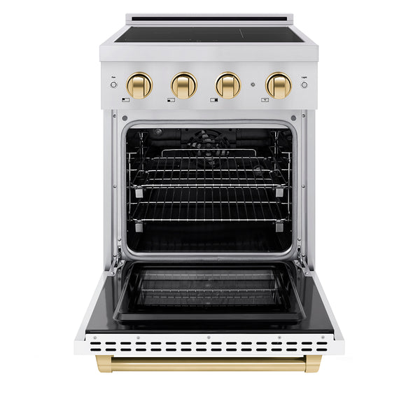 ZLINE Autograph Edition 24 in. 3.2 cu. ft. Paramount Induction Range with 3 Element Cooktop and Electric Convection Oven in Stainless Steel with White Matte Door and Polished Gold Accents, Open Box-Great Condition