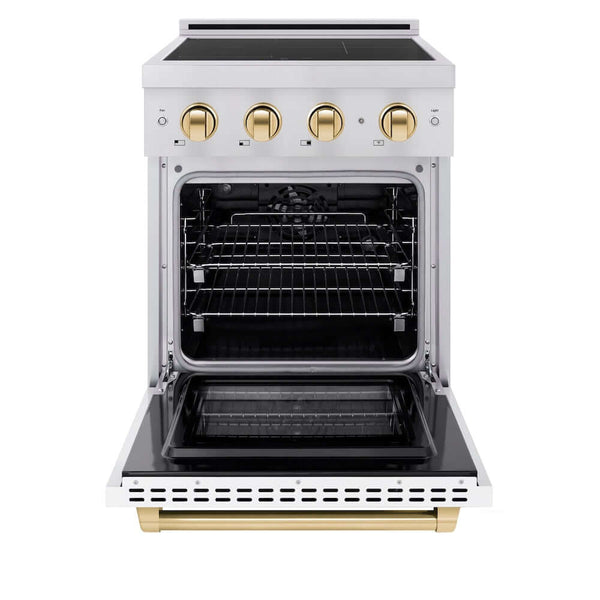 ZLINE Autograph Edition 24 in. 3.2 cu. ft. Paramount Induction Range with 3 Element Cooktop and Electric Convection Oven in Stainless Steel with White Matte Door and Polished Gold Accents, Open Box-Good Condition