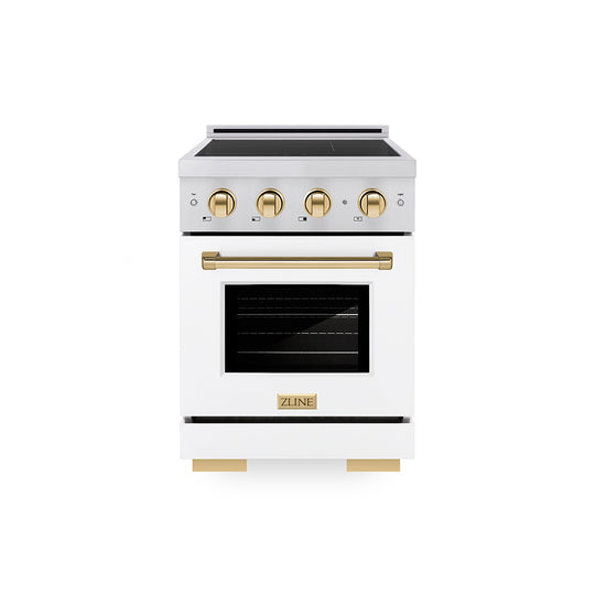 ZLINE Autograph Edition 24 in. 3.2 cu. ft. Paramount Induction Range with 3 Element Cooktop and Electric Convection Oven in Stainless Steel with White Matte Door and Polished Gold Accents, Open Box-Great Condition