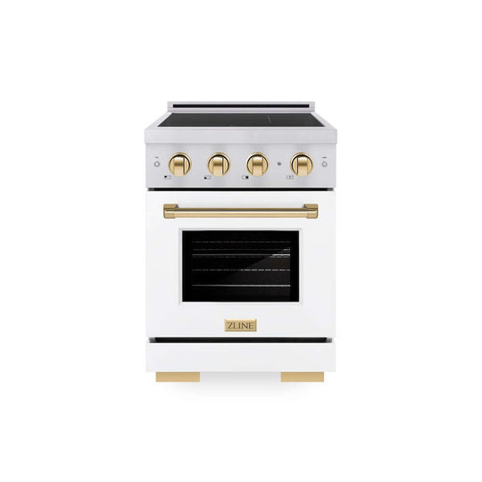 ZLINE Autograph Edition 24 in. 3.2 cu. ft. Paramount Induction Range with 3 Element Cooktop and Electric Convection Oven in Stainless Steel with White Matte Door and Polished Gold Accents, Open Box-Good Condition